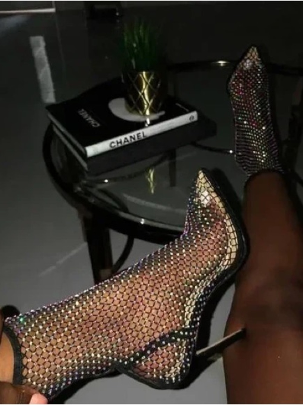Black Rhinestone Pointed Toe Stiletto Sock Boot